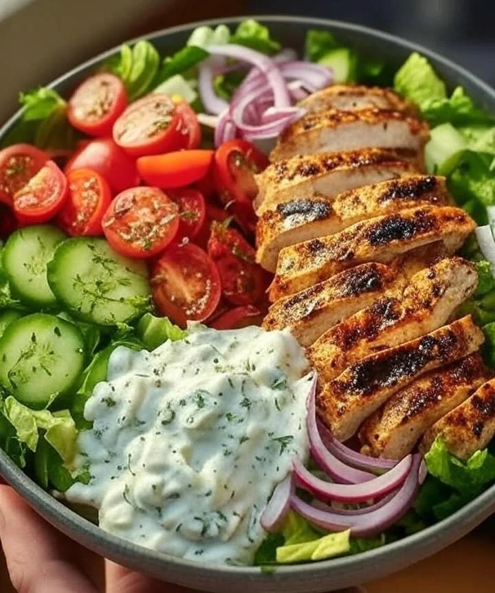 Delicious grilled chicken Greek salad with fresh veggies and feta cheese