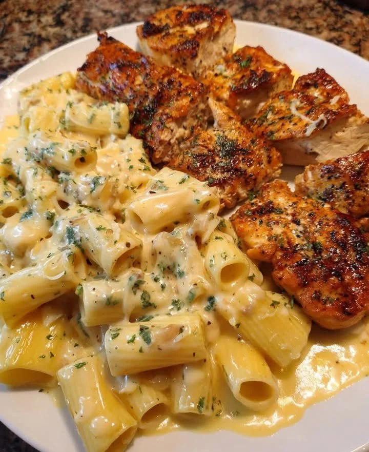 Delicious Parmesan Garlic Chicken plated with fresh herbs and garlic garnish