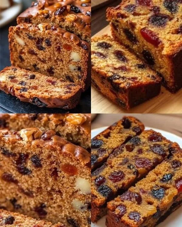 Delicious eggless fruit cake decorated with colorful fruits and nuts.
