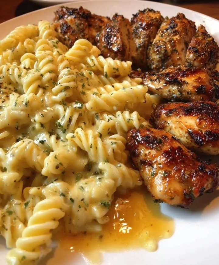Delicious bowl of Cheesy Rotini Alfredo topped with parsley and cheese