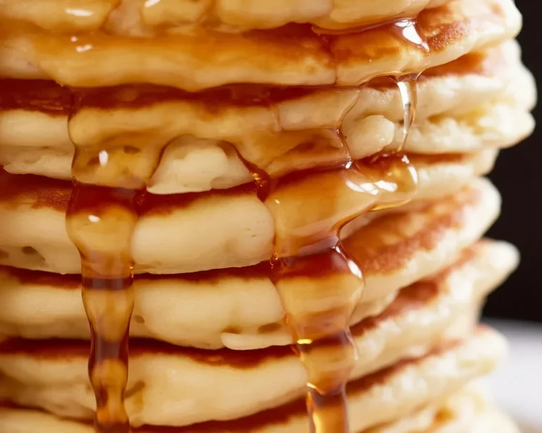 Stack of fluffy pancakes topped with syrup and berries on a white plate