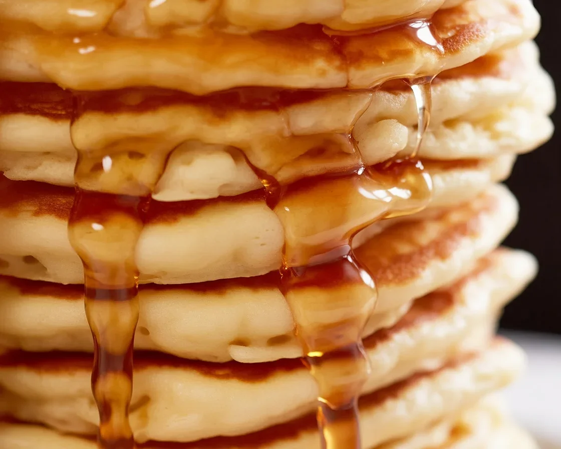 Stack of fluffy pancakes topped with syrup and berries on a white plate