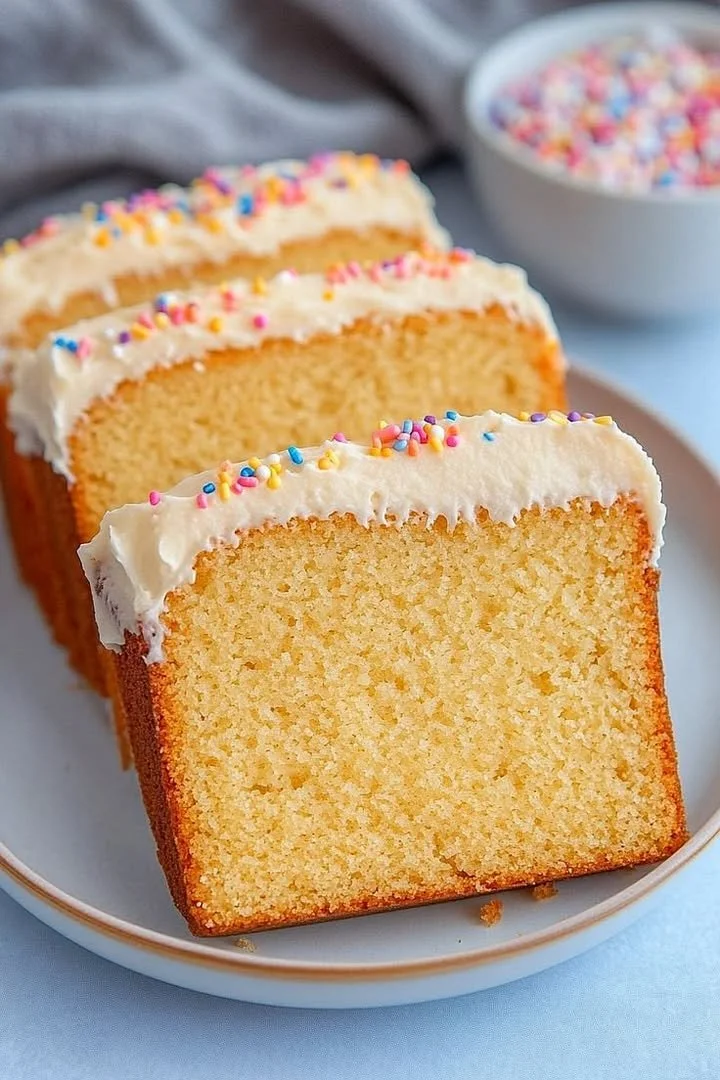 Fluffy vanilla loaf cake, freshly baked and ready to serve, showcasing its light texture.