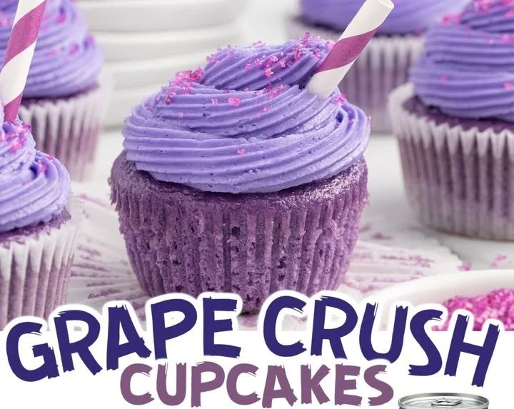 Delicious grape soda cupcakes with vibrant purple frosting and sprinkles