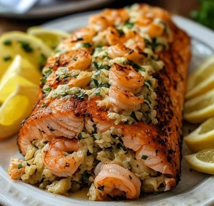 Crab and shrimp stuffed salmon dish garnished and plated elegantly.