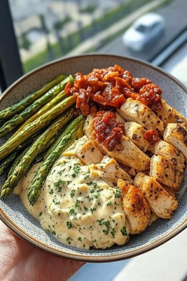 Creamy Greek Chicken Alfredo served in a bowl with herbs and olives