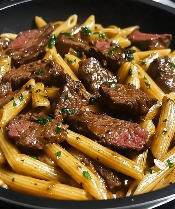 Delicious Honey BBQ Steak Penne recipe served in a bowl with fresh herbs