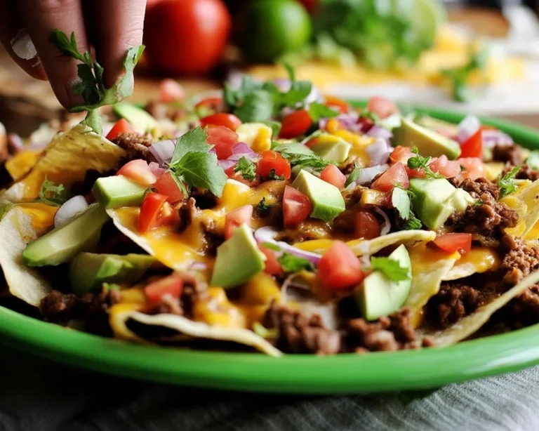 Delicious loaded nachos topped with ground beef, cheese, and fresh vegetables.