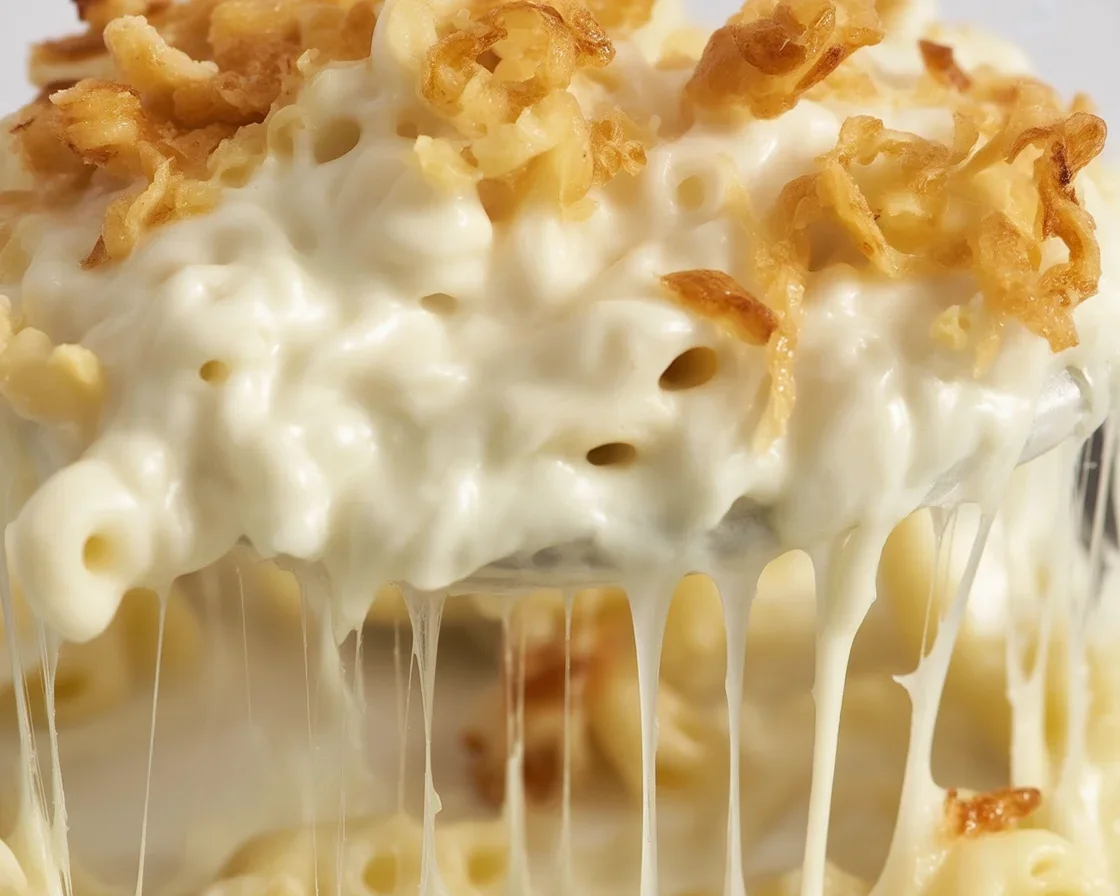 Delicious Mac & Cheese baked with a crispy garlic topping and golden breadcrumbs.