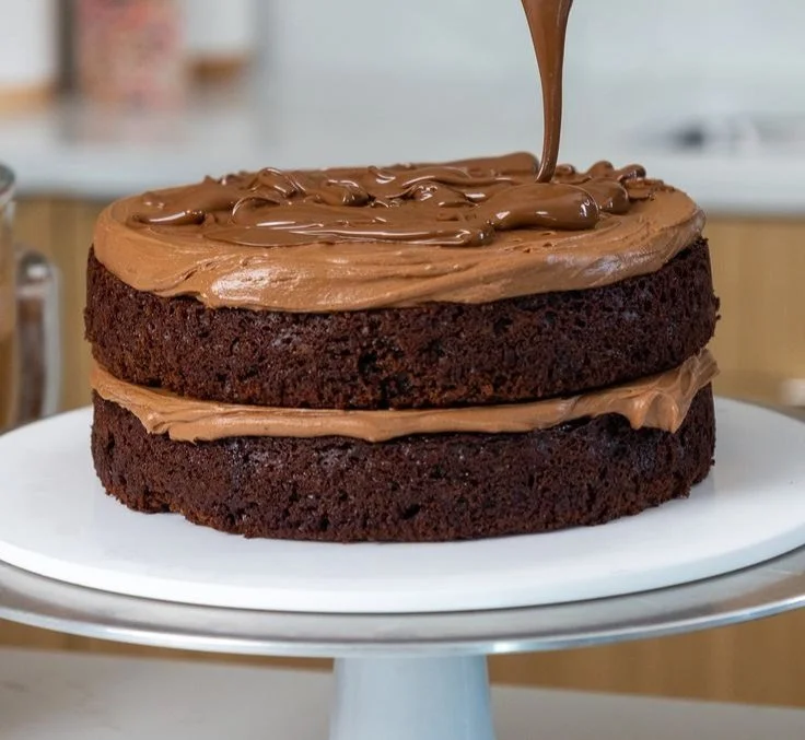 Moist chocolate layer cake with rich chocolate frosting on top