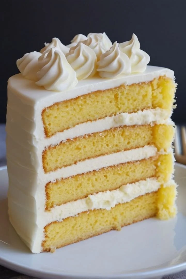 Moist yellow cake with creamy frosting on a decorative plate