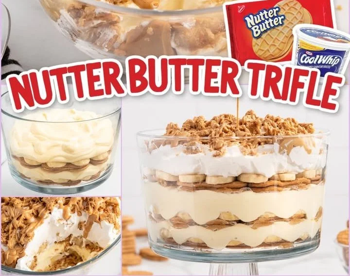 Delicious Nutter Butter Trifle layers with cookies and creamy filling