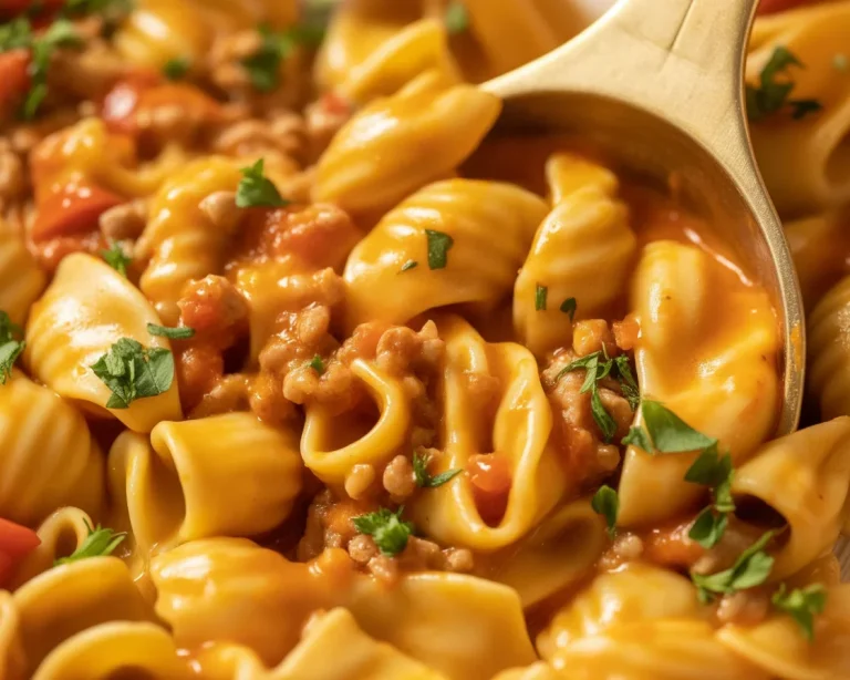 One pot taco pasta recipe with ground beef and cheesy sauce