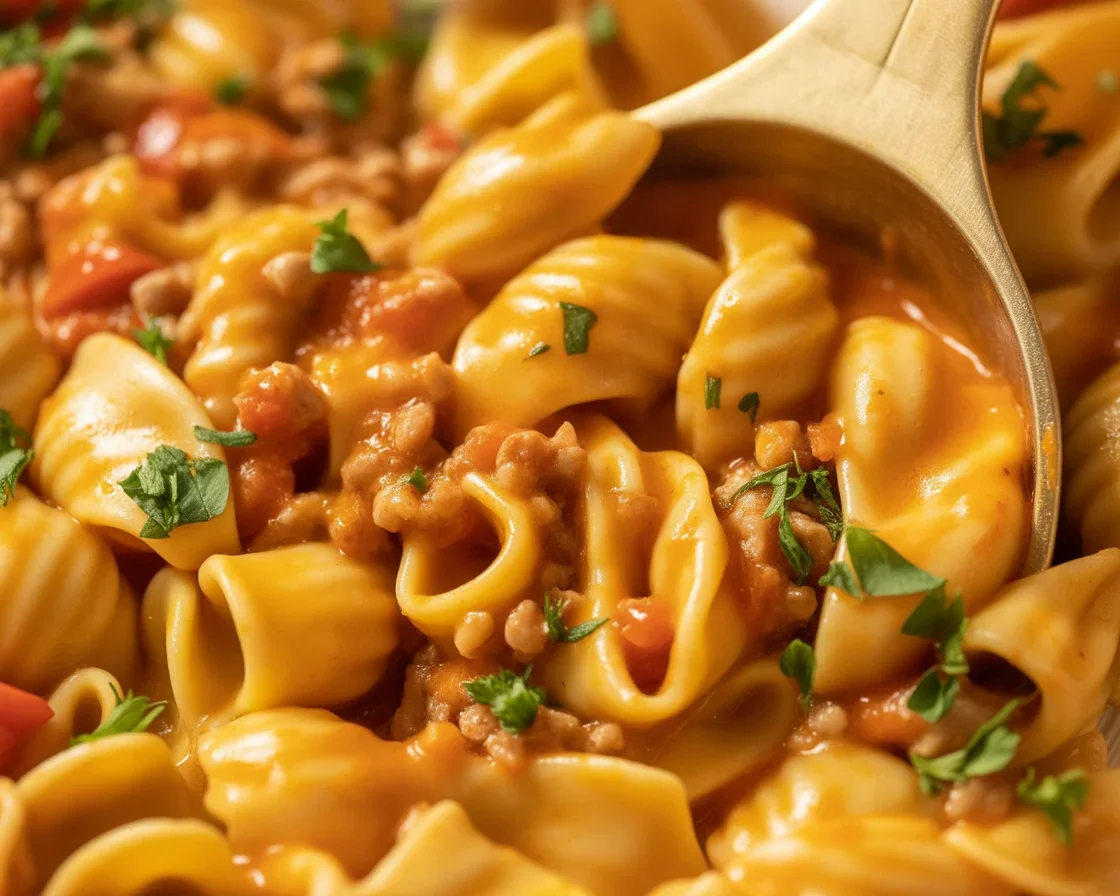 One pot taco pasta recipe with ground beef and cheesy sauce