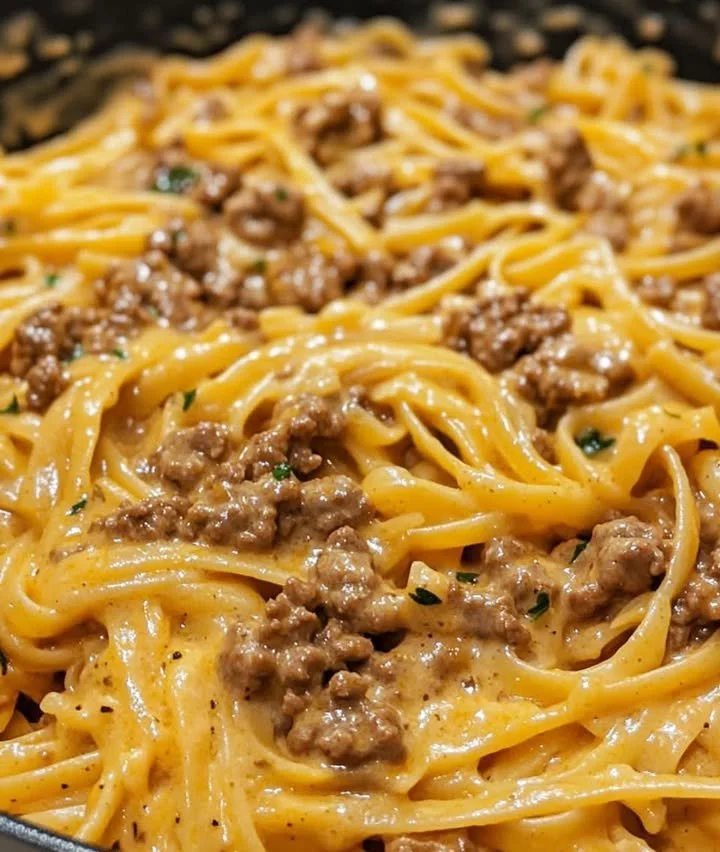 Creamy beef pasta cooked in one pot for a quick and delicious meal.