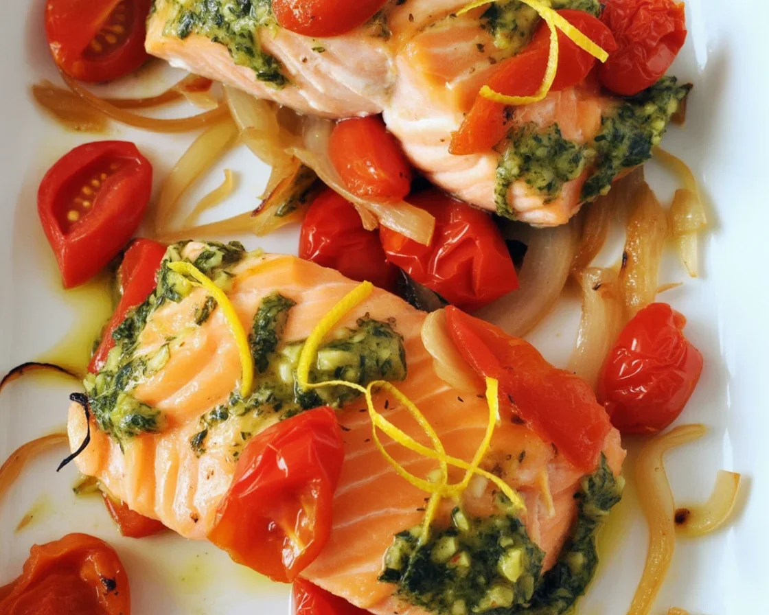 Delicious pan-seared salmon served with asparagus, garlic mushrooms, roasted cherry tomatoes, and fluffy scrambled eggs.