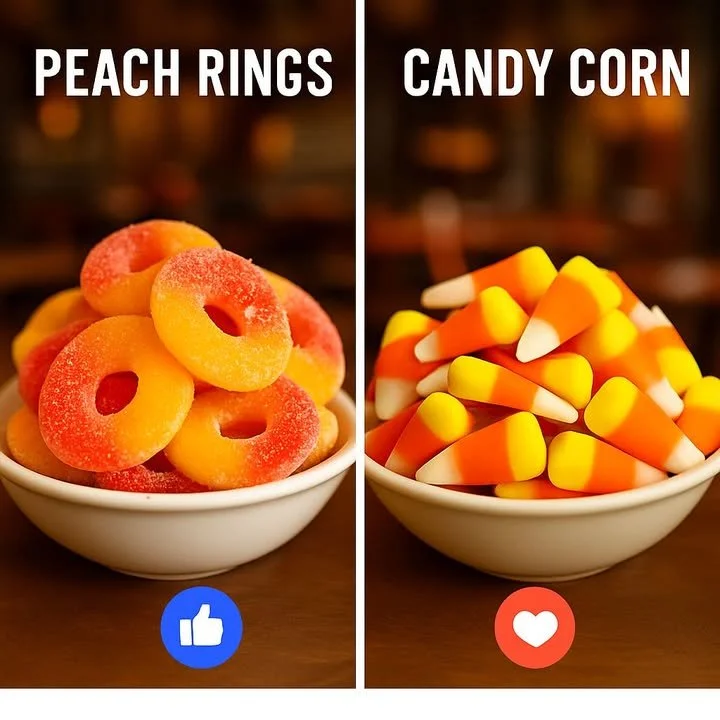 Colorful peach rings gummy candies coated in sugar, shaped like rings and flavored with peach.