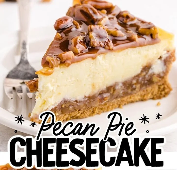 Delicious slice of Pecan Pie Cheesecake topped with caramel and pecans.