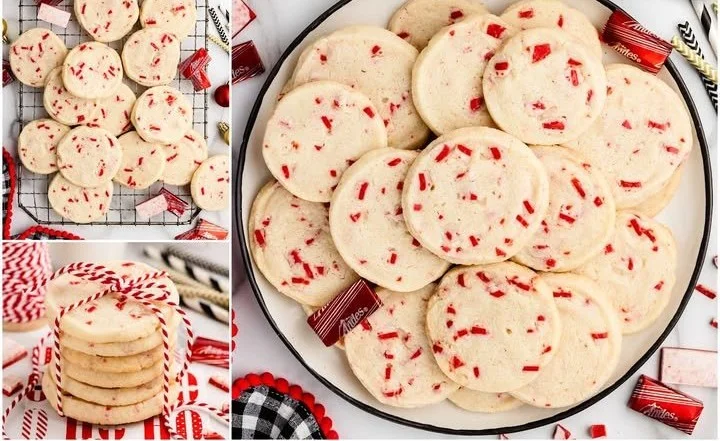 Peppermint shortbread cookies on a decorative plate