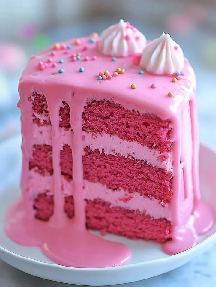 Slices of moist Pink Velvet Cake topped with cream cheese frosting.