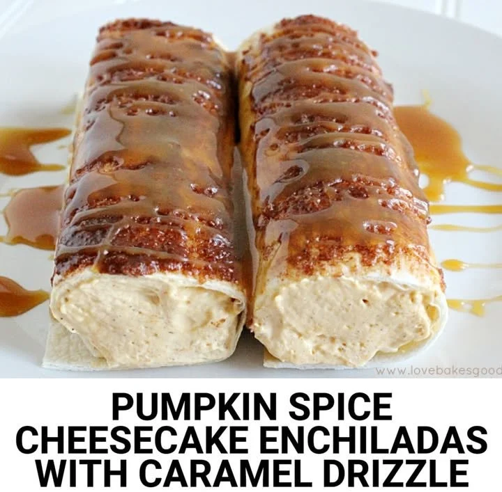 Delicious pumpkin spice cheesecake enchiladas garnished with whipped cream and cinnamon.