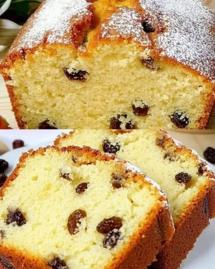 Delicious and moist homemade raisin loaf cake on a wooden table