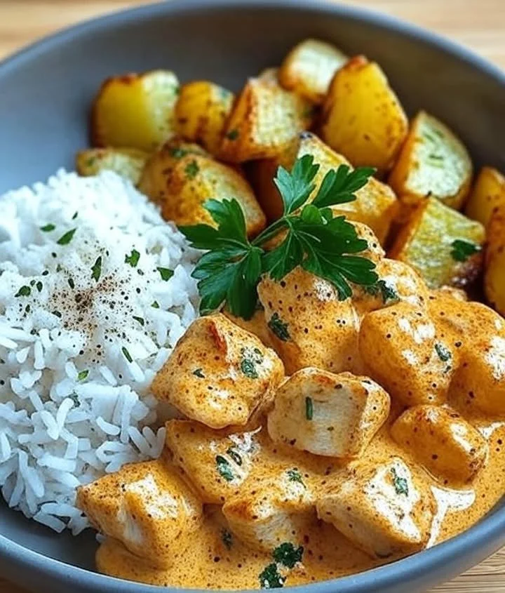 Delicious creamy chicken dish garnished and ready to serve, a culinary delight.