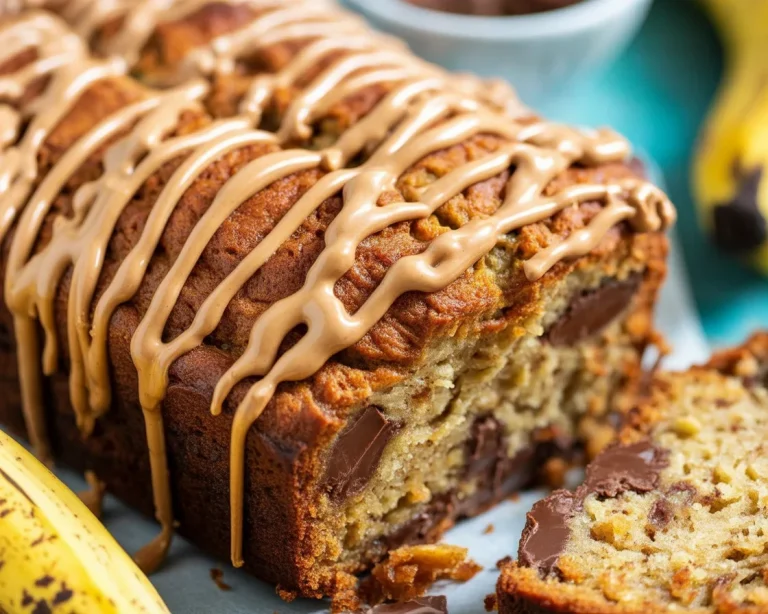 Delicious Reese Peanut Butter Cup Banana Bread loaded with chocolate and peanut butter.
