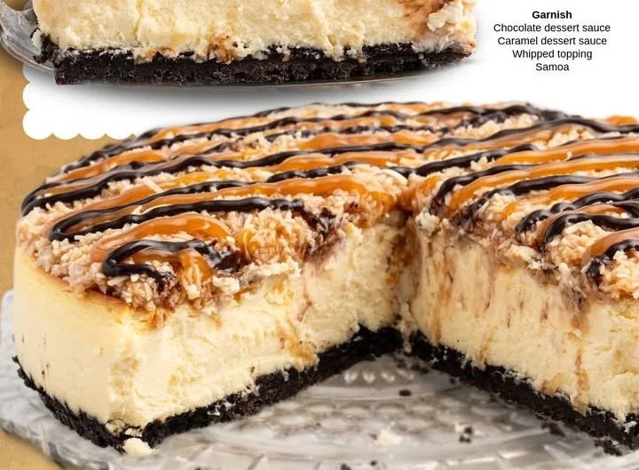 Delicious Samoa Cheesecake topped with caramel and coconut flakes