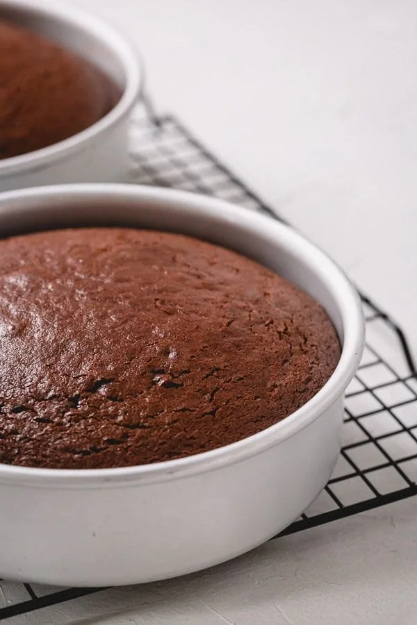 Deliciously simple chocolate cake topped with frosting and chocolate shavings