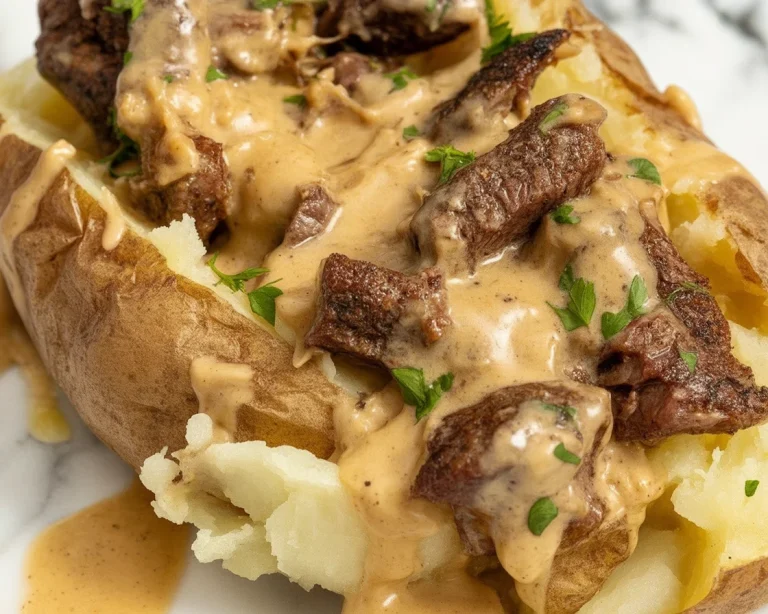 Hearty steak loaded baked potato topped with garlic butter, cheddar cheese, and green onions.