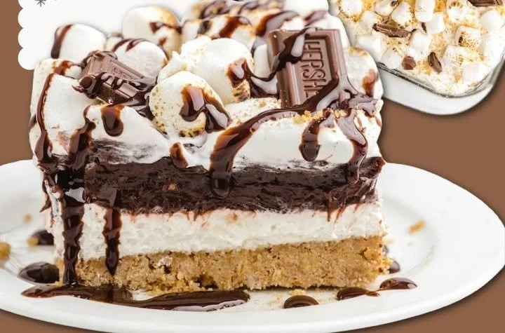 Delicious S'mores Lasagna with layers of chocolate, marshmallows, and graham crackers