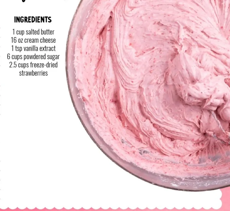 Strawberry cream cheese frosting on a beautifully decorated cake