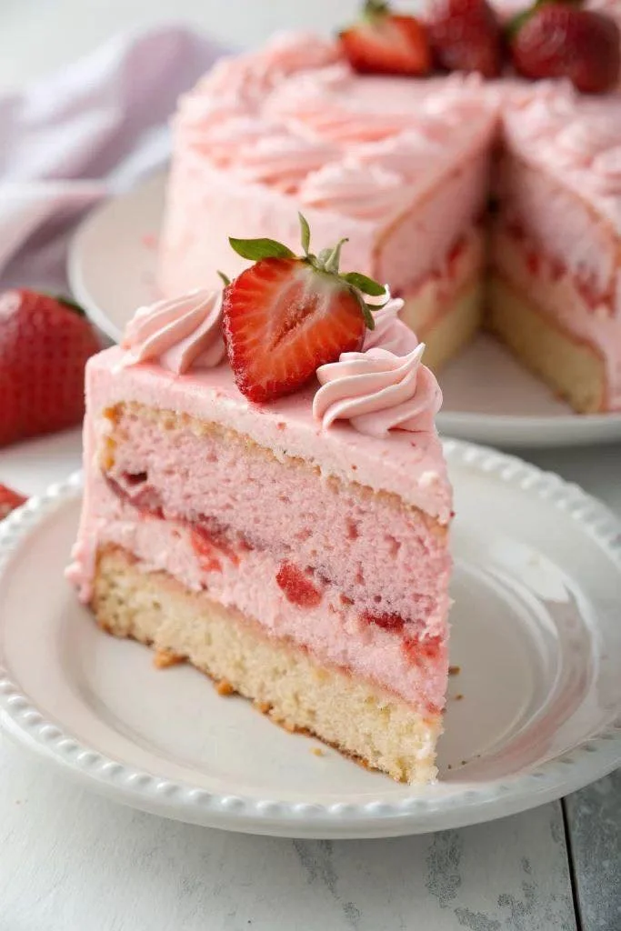 Delicious homemade strawberry layer cake with fresh strawberries and cream frosting
