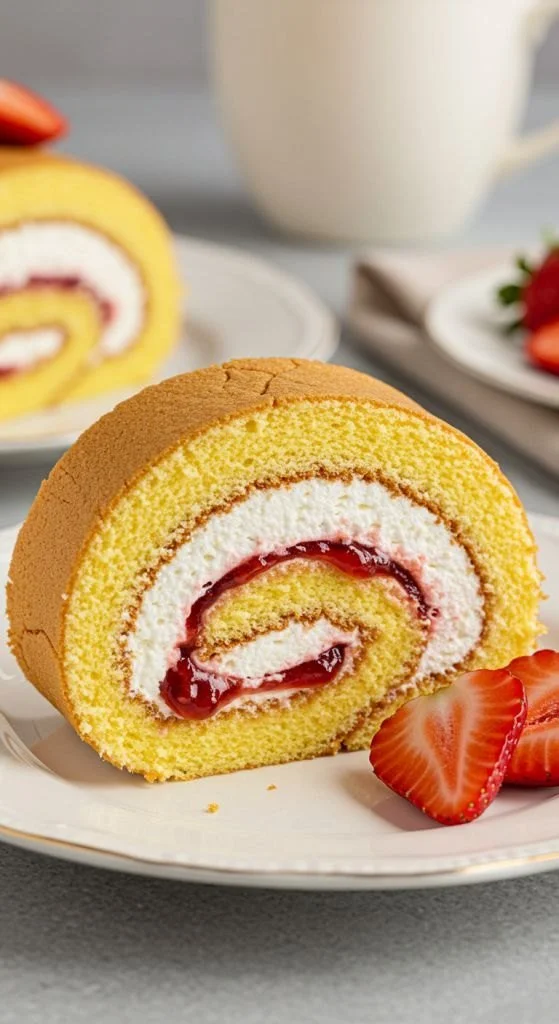 Delicious Strawberry Swiss Roll Cake with fresh strawberries and whipped cream