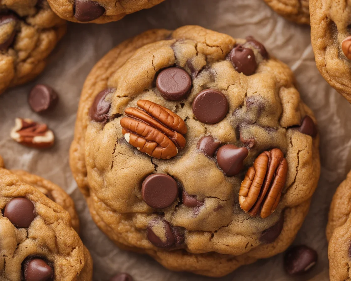 Baked Cowboy Cookies with chocolate chips, pecans, and oats on a cooling rack.