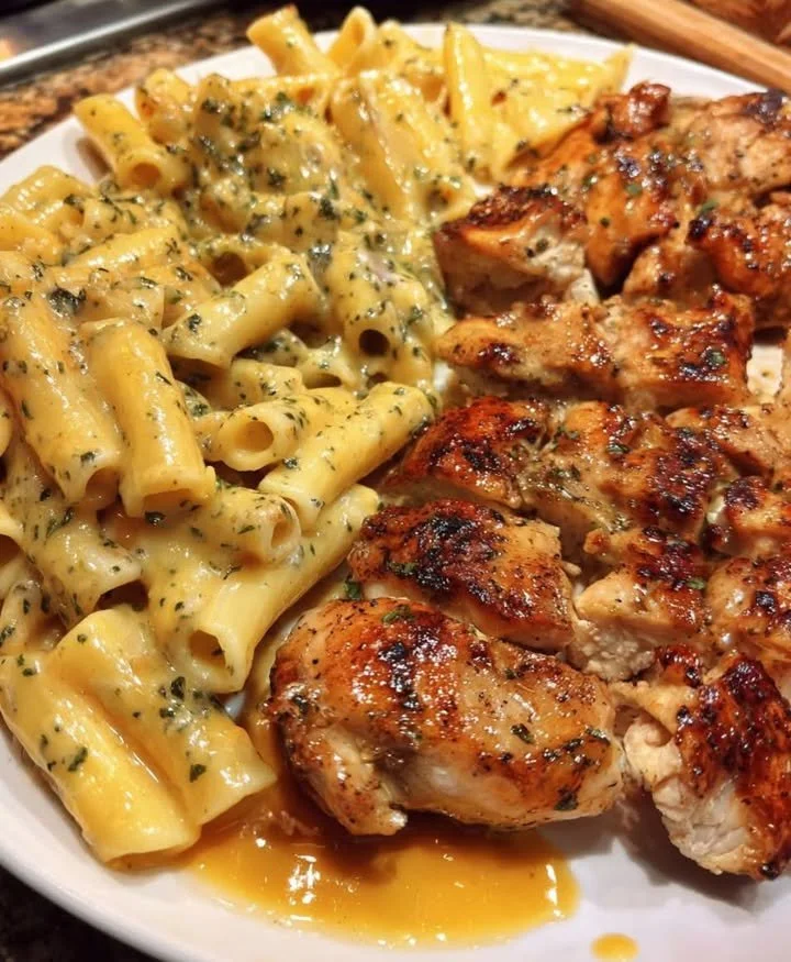 Delicious creamy chicken dish served on a plate with fresh herbs