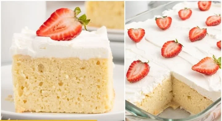 Delicious Three Milks Cake topped with whipped cream and fruits