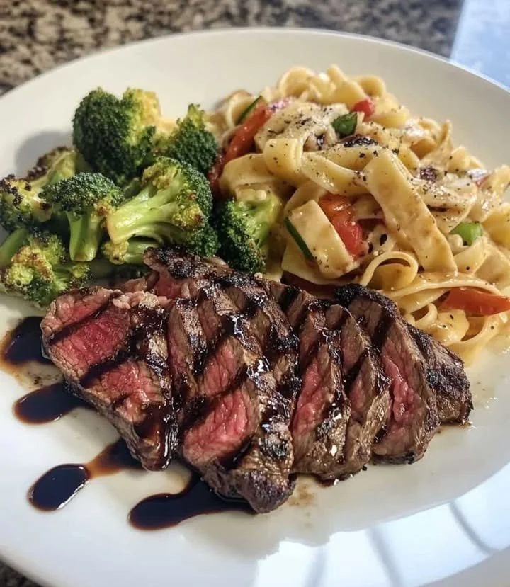 A delicious plate of creamy fettuccine and steak ready for dinner