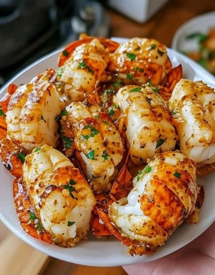 Delicious garlic butter lobster served with lemon wedges and fresh herbs