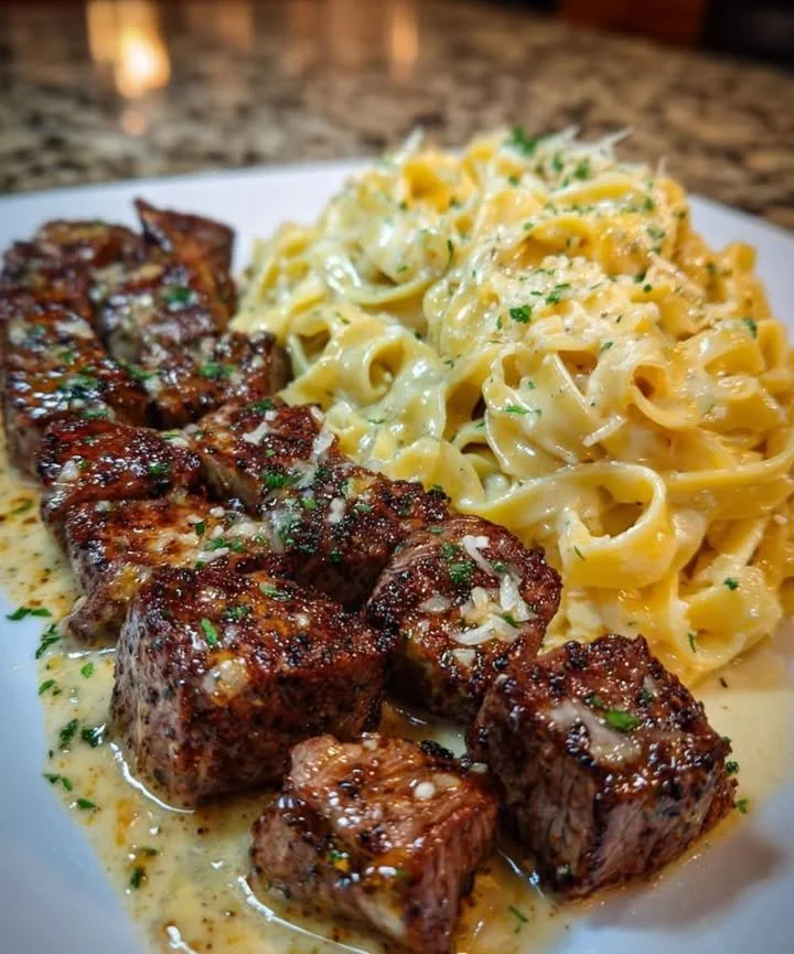 Plate of cheesy garlic steak bites garnished with herbs