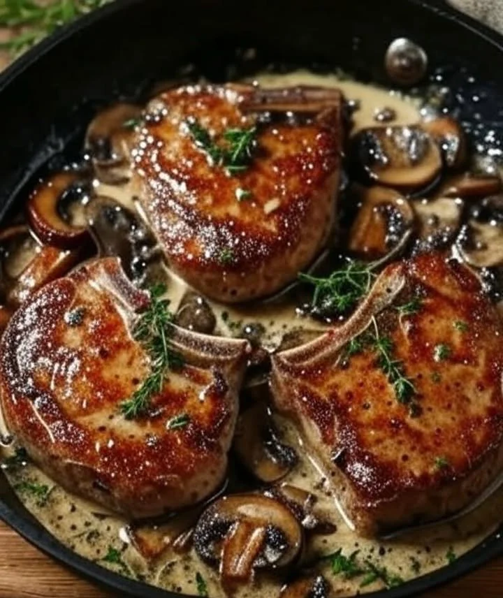 Creamy garlic pork chops served on a plate, ready for dinner.