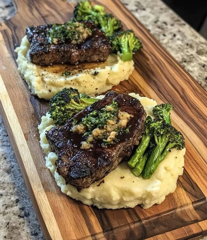 Juicy garlic herb steak cooked to perfection, garnished with fresh herbs.