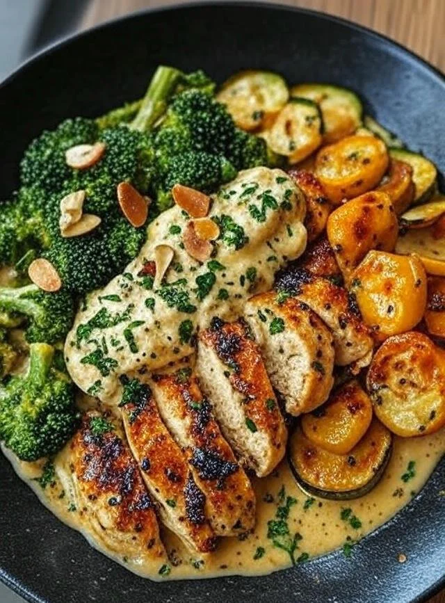Delicious Greek Garlic Chicken Alfredo served on a plate with fresh herbs