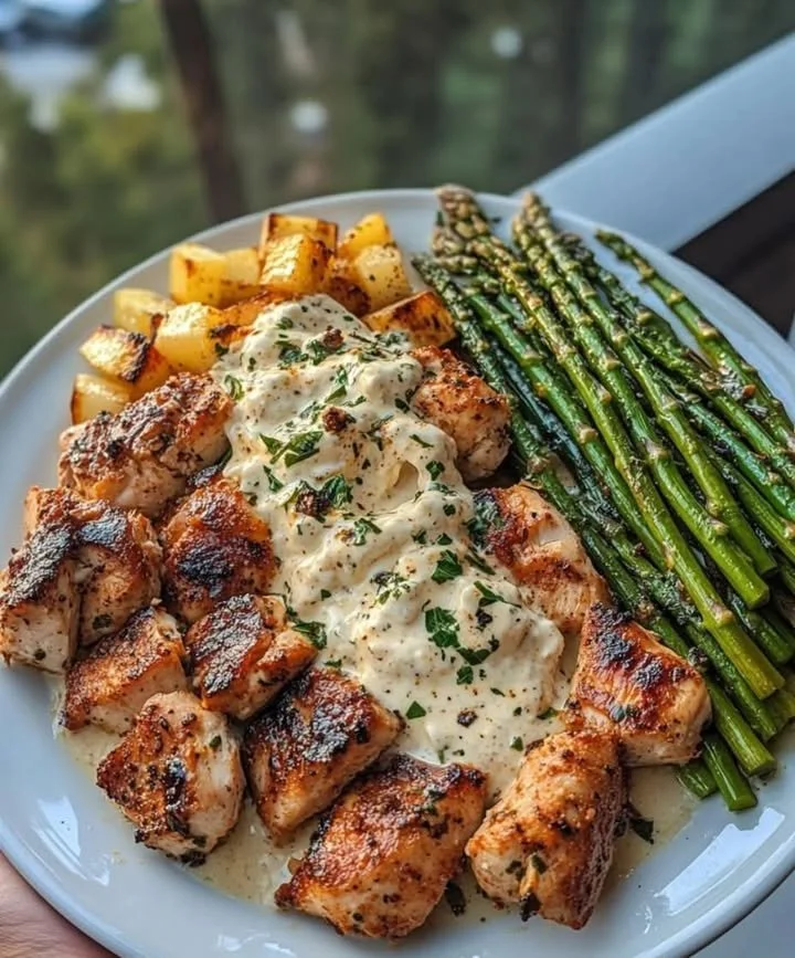 Delicious Greek Chili Chicken Alfredo served in a bowl with fresh herbs.