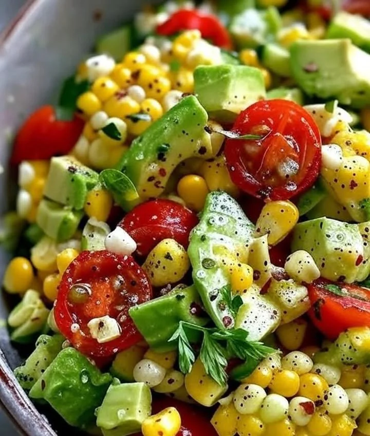 Delicious summer corn salad served in a bowl with colorful vegetables