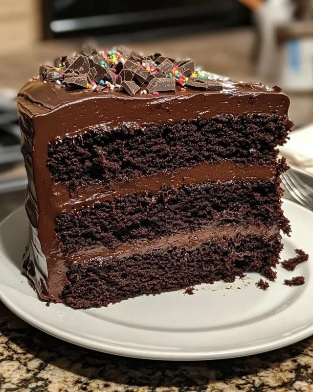 Slice of Ultimate Fudge Chocolate Cake topped with chocolate ganache and sprinkles.