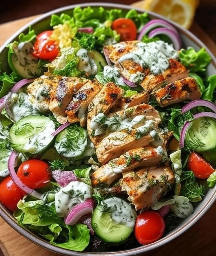 Colorful Greek salad bowl with fresh vegetables, feta cheese, and olives.