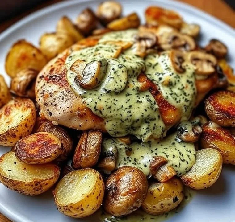 Delicious Greek Garlic Chicken garnished with herbs on a plate