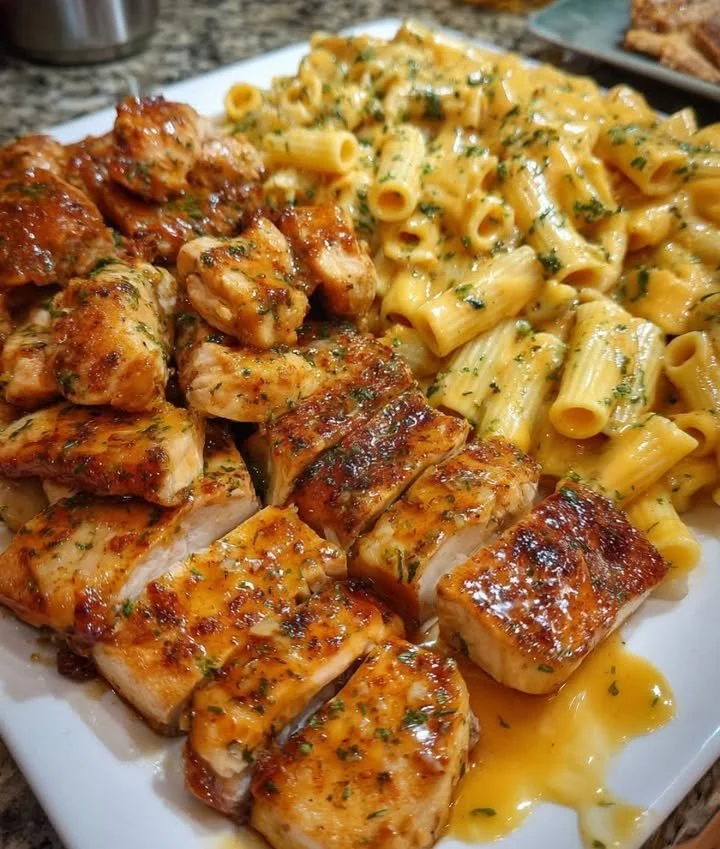 Delicious mozzarella chicken penne dish topped with fresh herbs and cheese